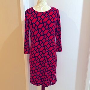 Michael Michael Kors Geometric Red Navy 3/4 Sleeve Pull On Sheath Dress S